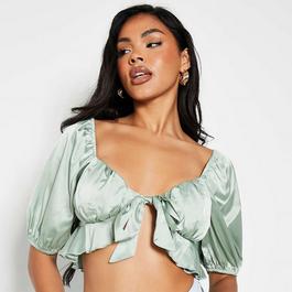 I Saw It First ISAWITFIRST Satin Tie Front Puff Sleeve Crop Blouse