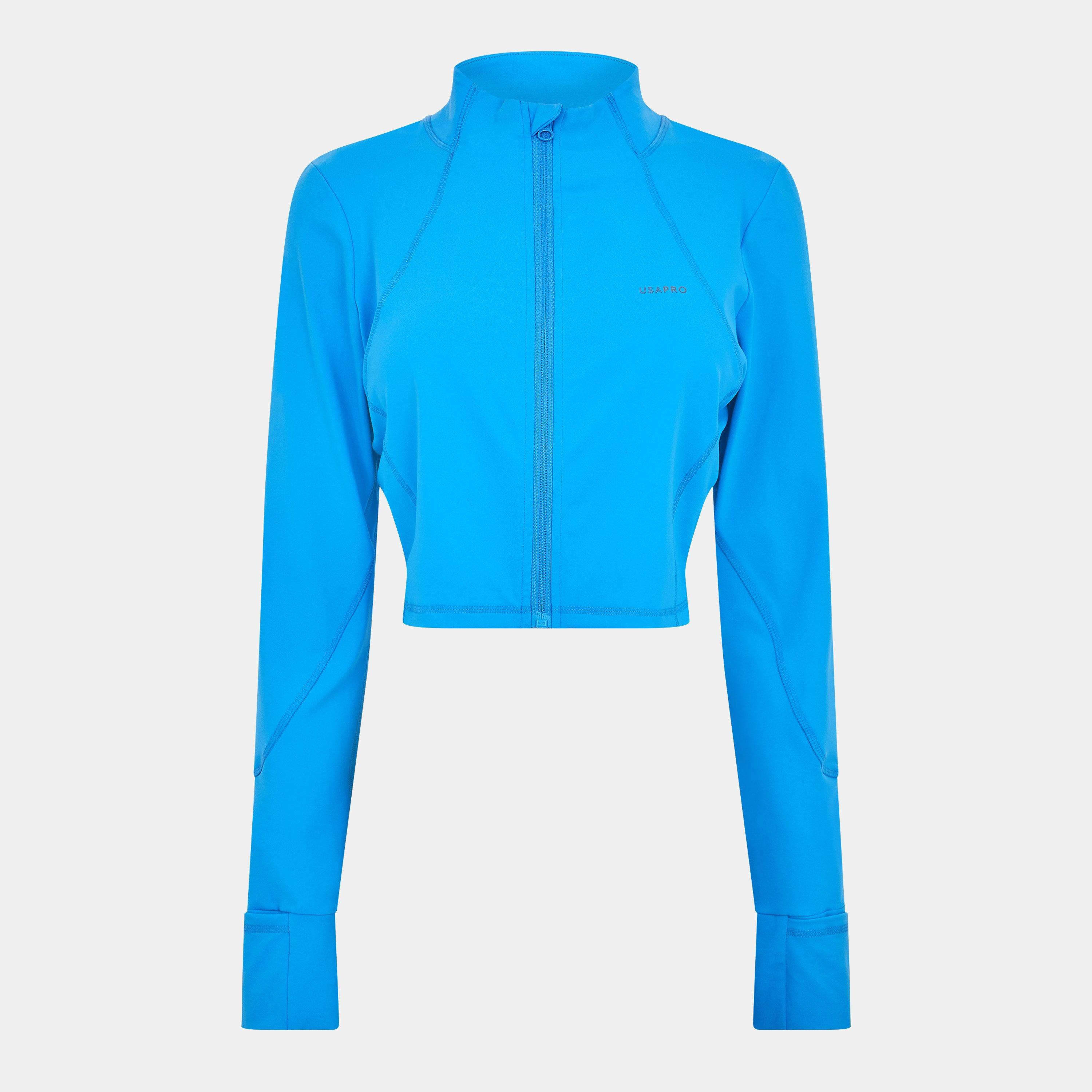 Sonic Azul - USA Pro - Women's Cropped Funnel Neck Long Sleeve Zip Performance Training Jacket - 1