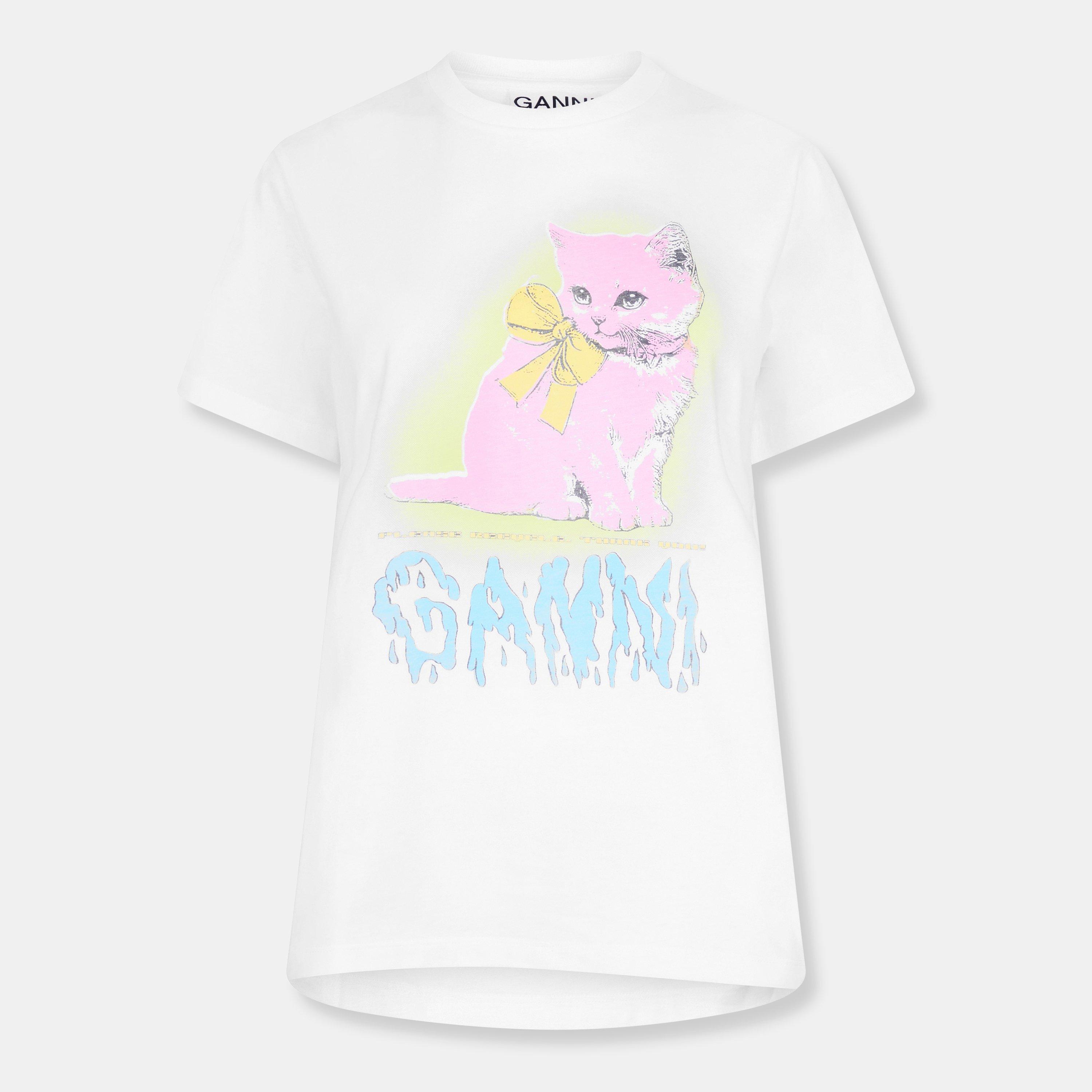 Ganni Womens Graphic T-shirt In Neon Kitty