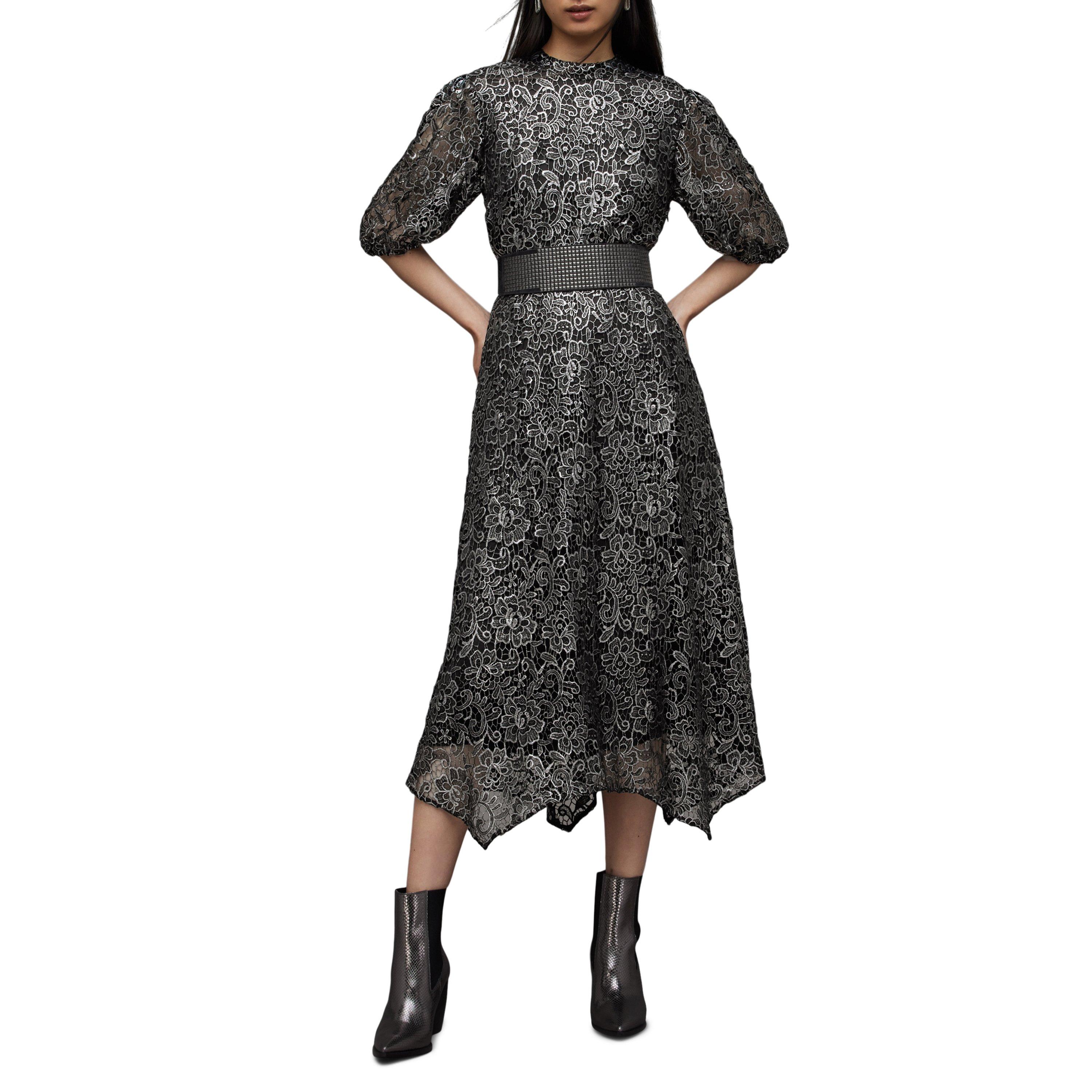 gunmetal grey - AllSaints - Women's Camila Broderie Asymmetric Hem Tea Dress - 3