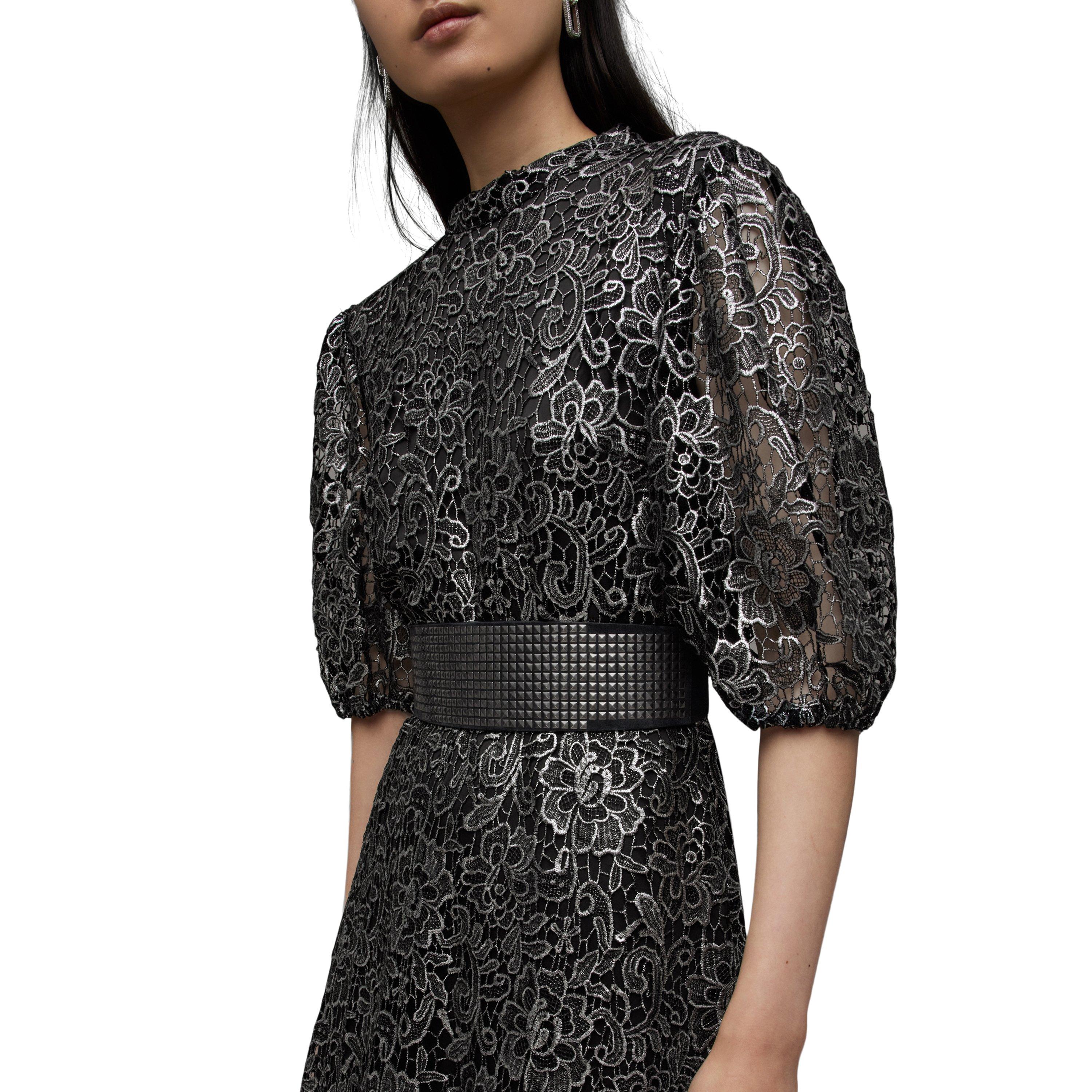 gunmetal grey - AllSaints - Women's Camila Broderie Asymmetric Hem Tea Dress - 5