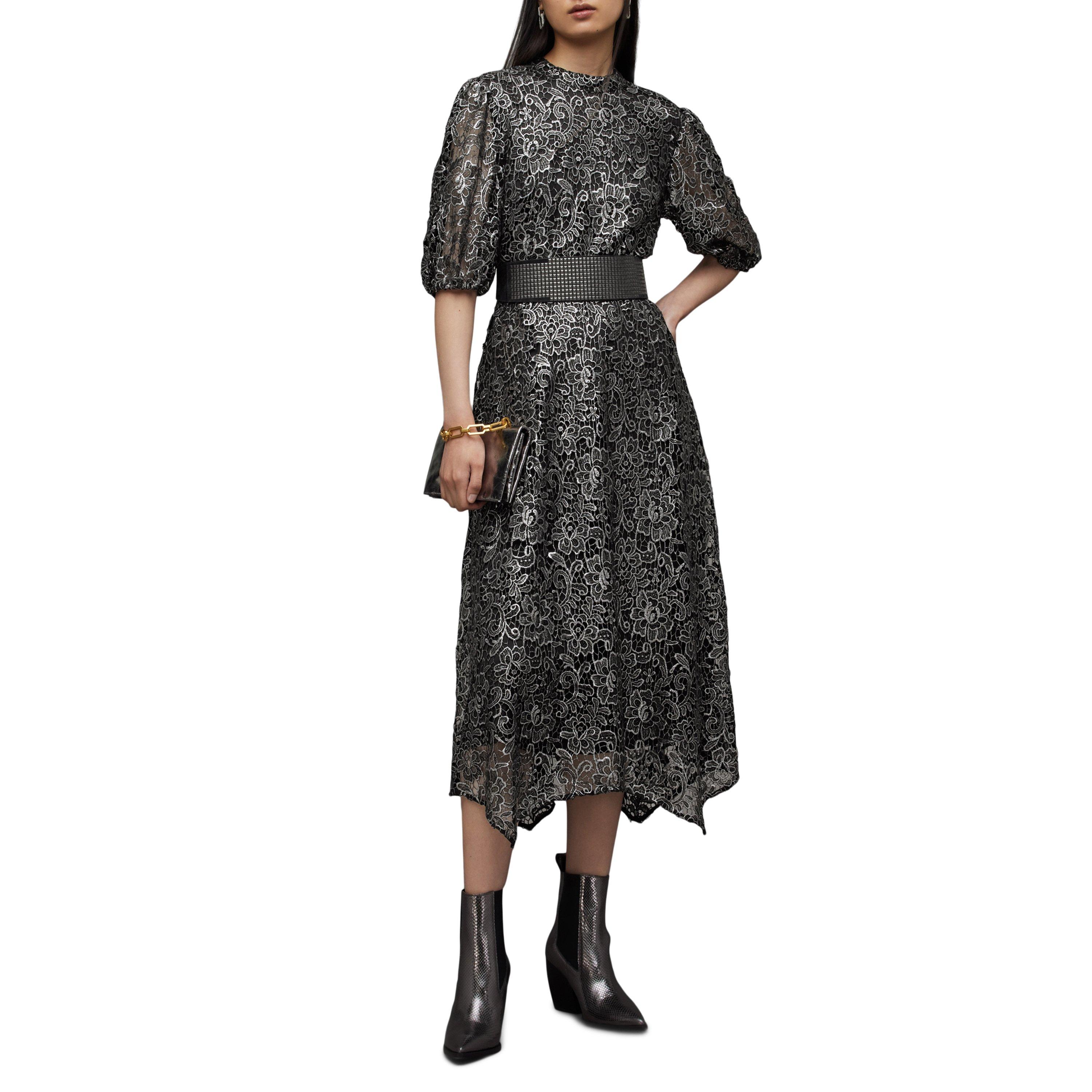 gunmetal grey - AllSaints - Women's Camila Broderie Asymmetric Hem Tea Dress - 6