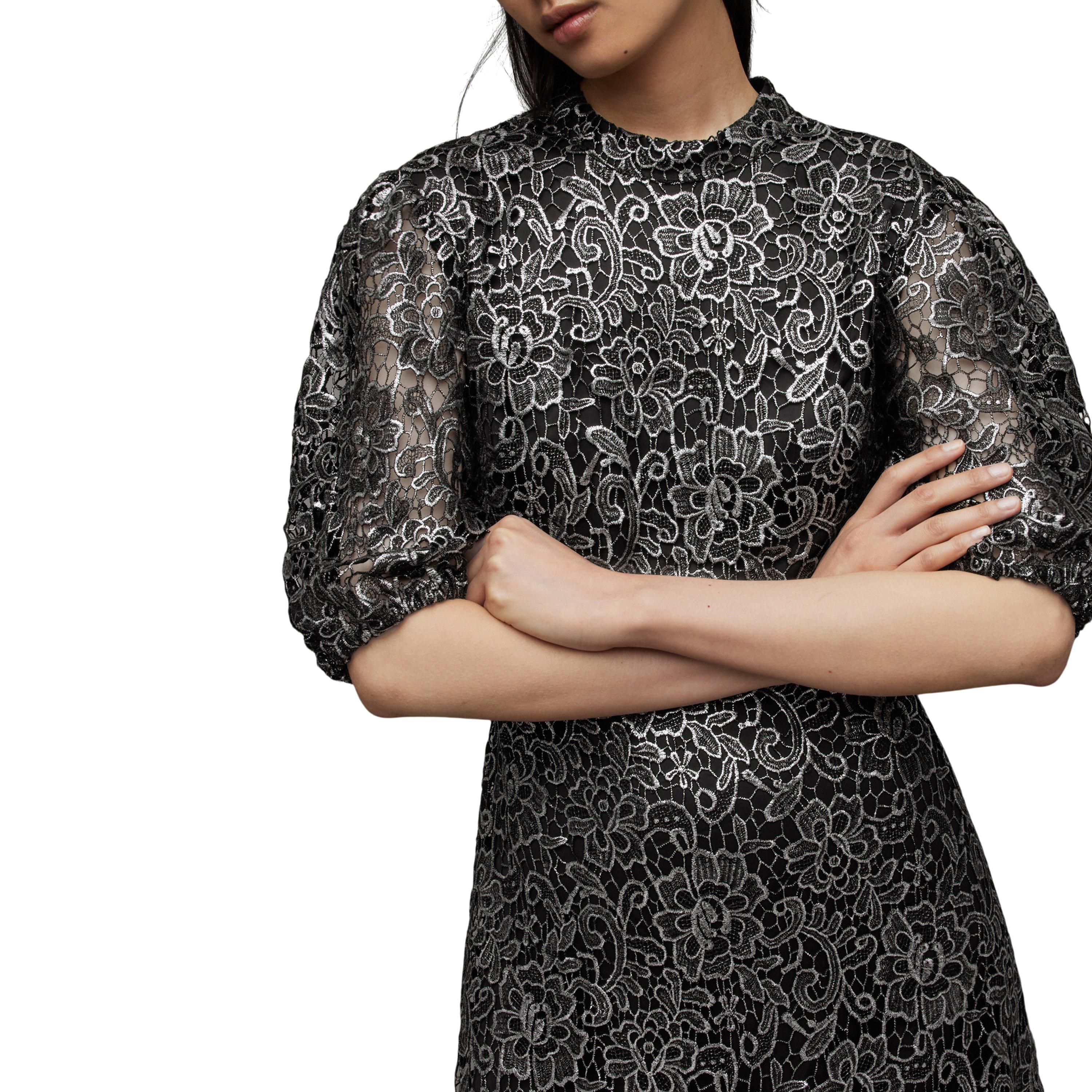 gunmetal grey - AllSaints - Women's Camila Broderie Asymmetric Hem Tea Dress - 8