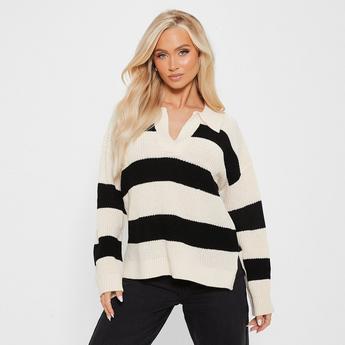 I Saw It First ISAWITFIRST Fisherman Knit Wide Stripe Collared Jumper