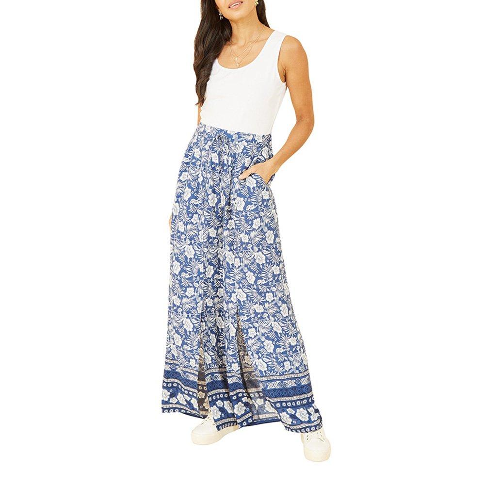 Blue - Yumi - Blue Floral Border Relaxed Fit Trousers - 2