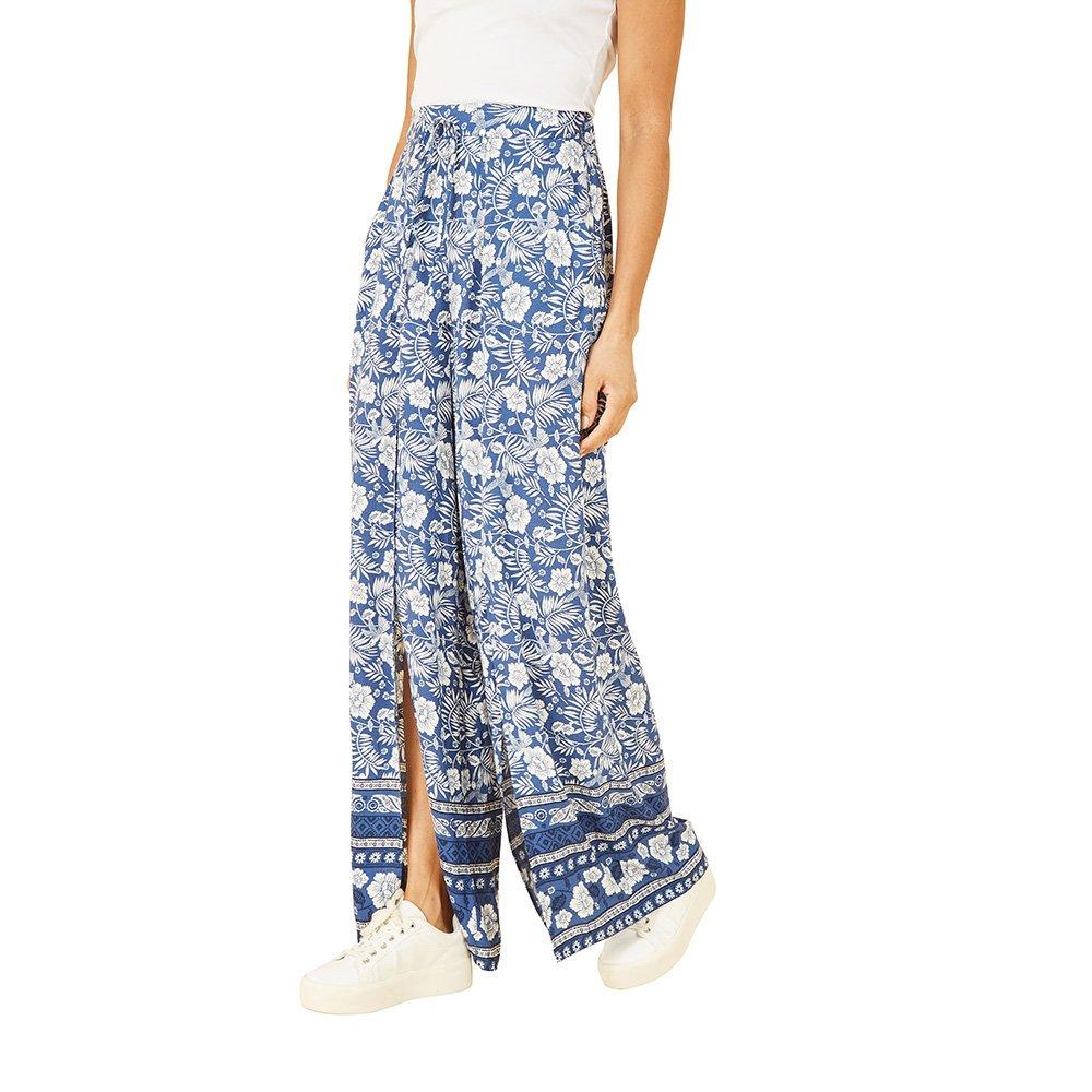 Blue - Yumi - Blue Floral Border Relaxed Fit Trousers - 3