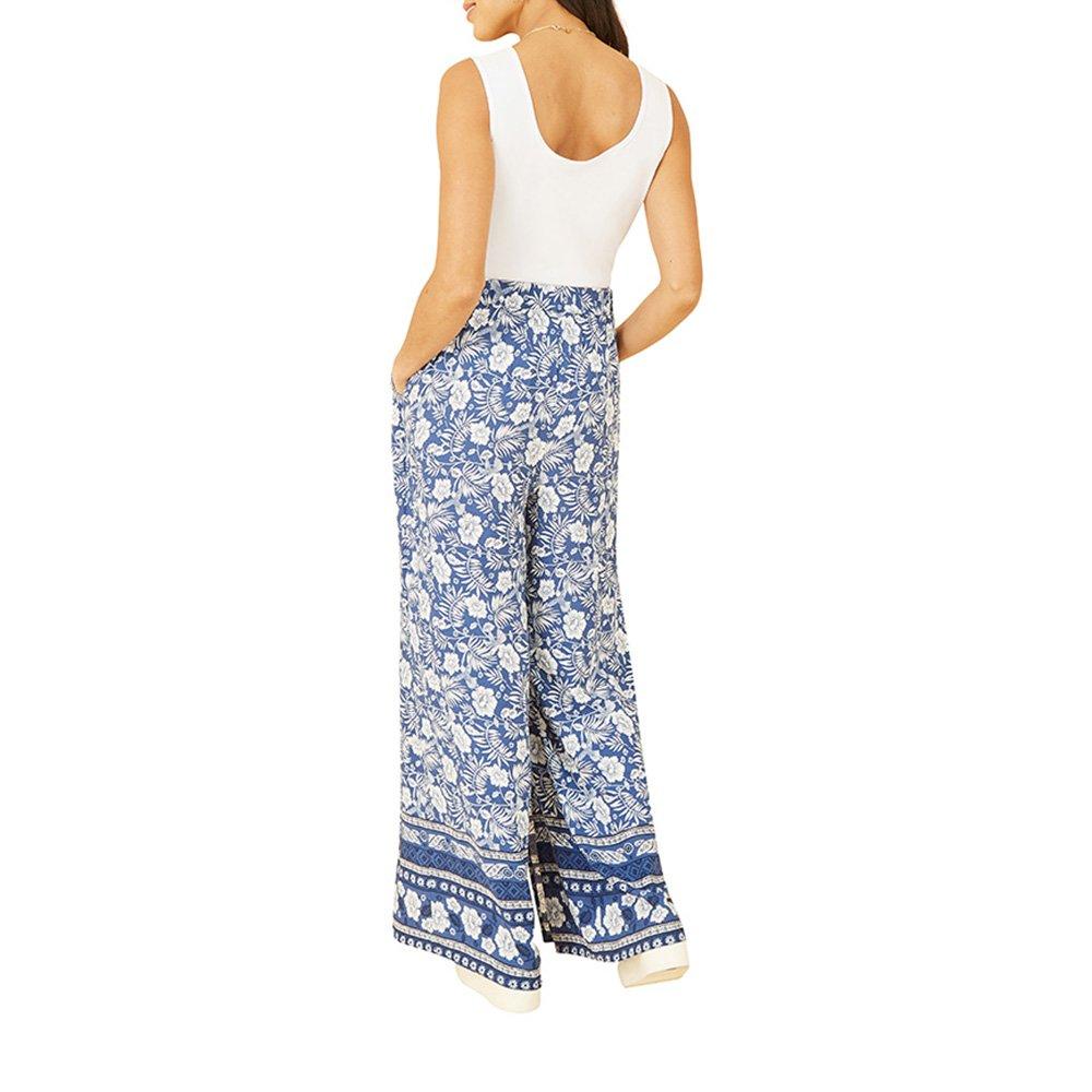 Blue - Yumi - Blue Floral Border Relaxed Fit Trousers - 4