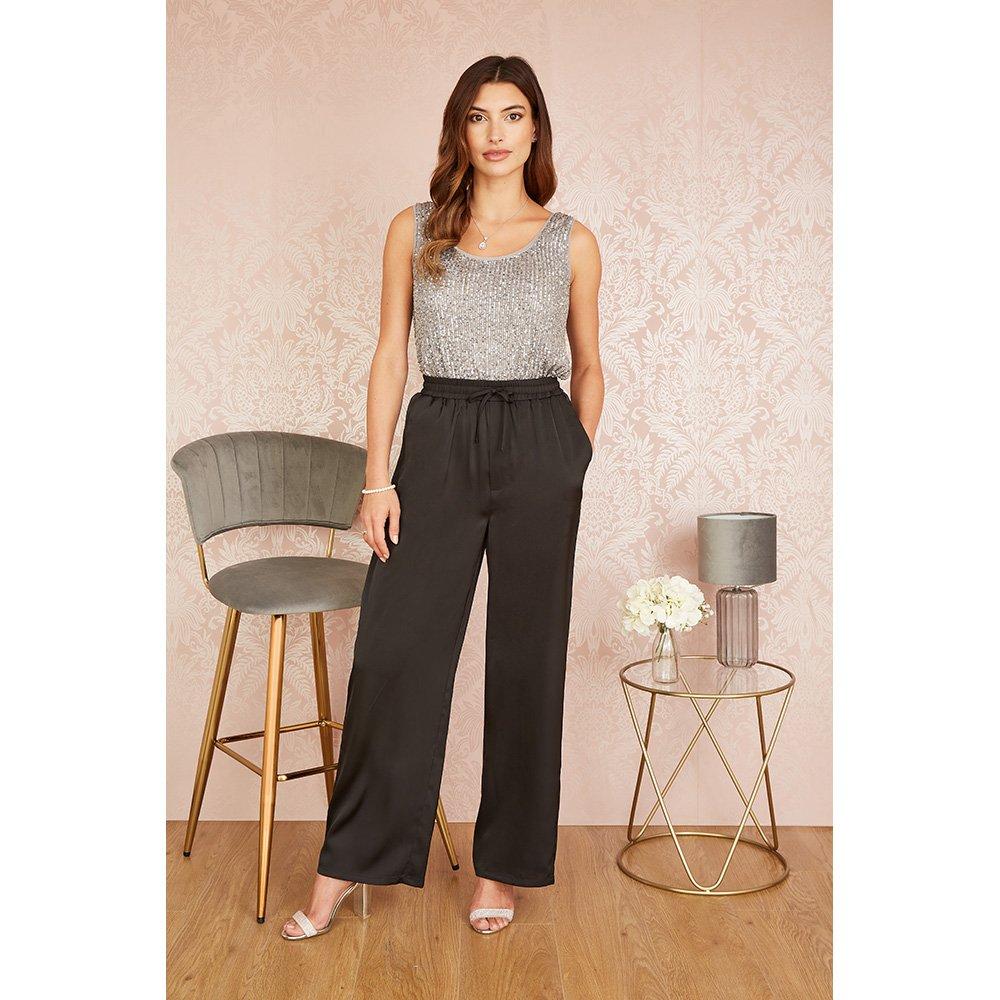 Black - Yumi - Women's Black Satin Relaxed Wide Leg Trousers - 2