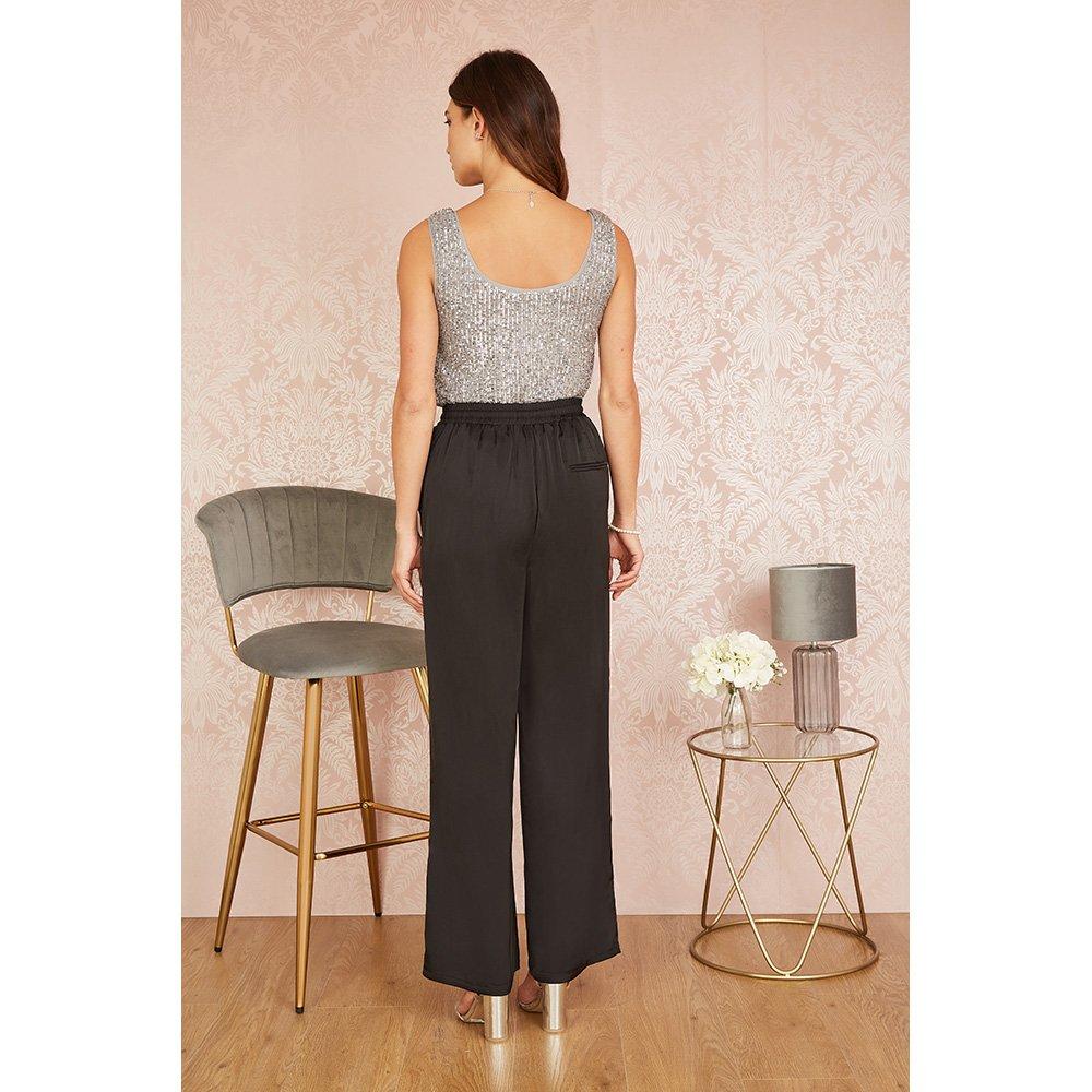 Black - Yumi - Women's Black Satin Relaxed Wide Leg Trousers - 4