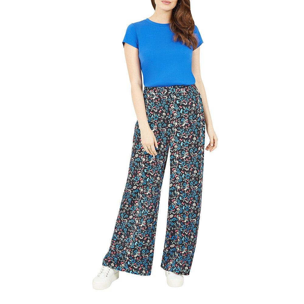 Blue - Yumi - Women's Blue Floral Print Wide Leg Trousers - 2
