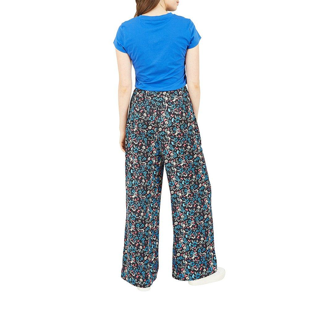 Blue - Yumi - Women's Blue Floral Print Wide Leg Trousers - 4
