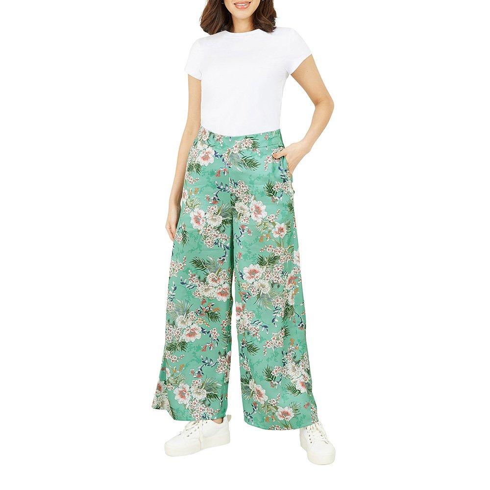 Sage Green - Yumi - Women's Sage Green Tropical Palm Print Wide Leg Trousers - 2