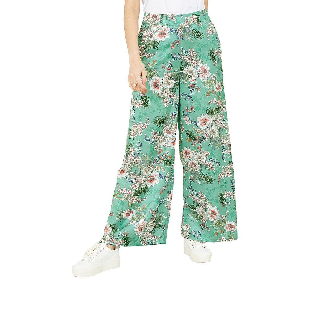 Sage Green - Yumi - Women's Sage Green Tropical Palm Print Wide Leg Trousers - 3