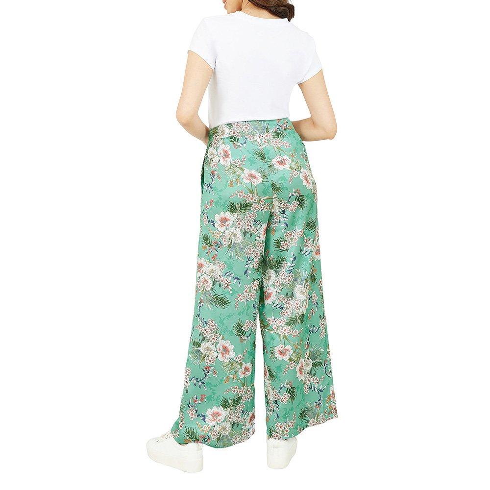 Sage Green - Yumi - Women's Sage Green Tropical Palm Print Wide Leg Trousers - 4