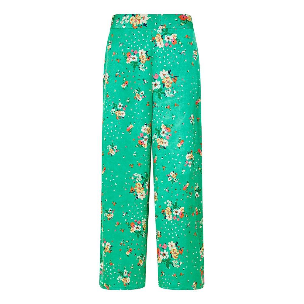 Green - Yumi - Women's Green Floral Satin Wide Leg Trousers - 1