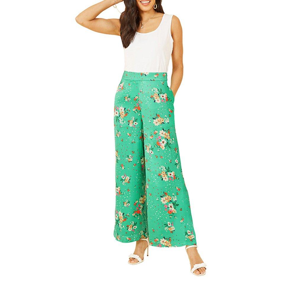 Green - Yumi - Women's Green Floral Satin Wide Leg Trousers - 2