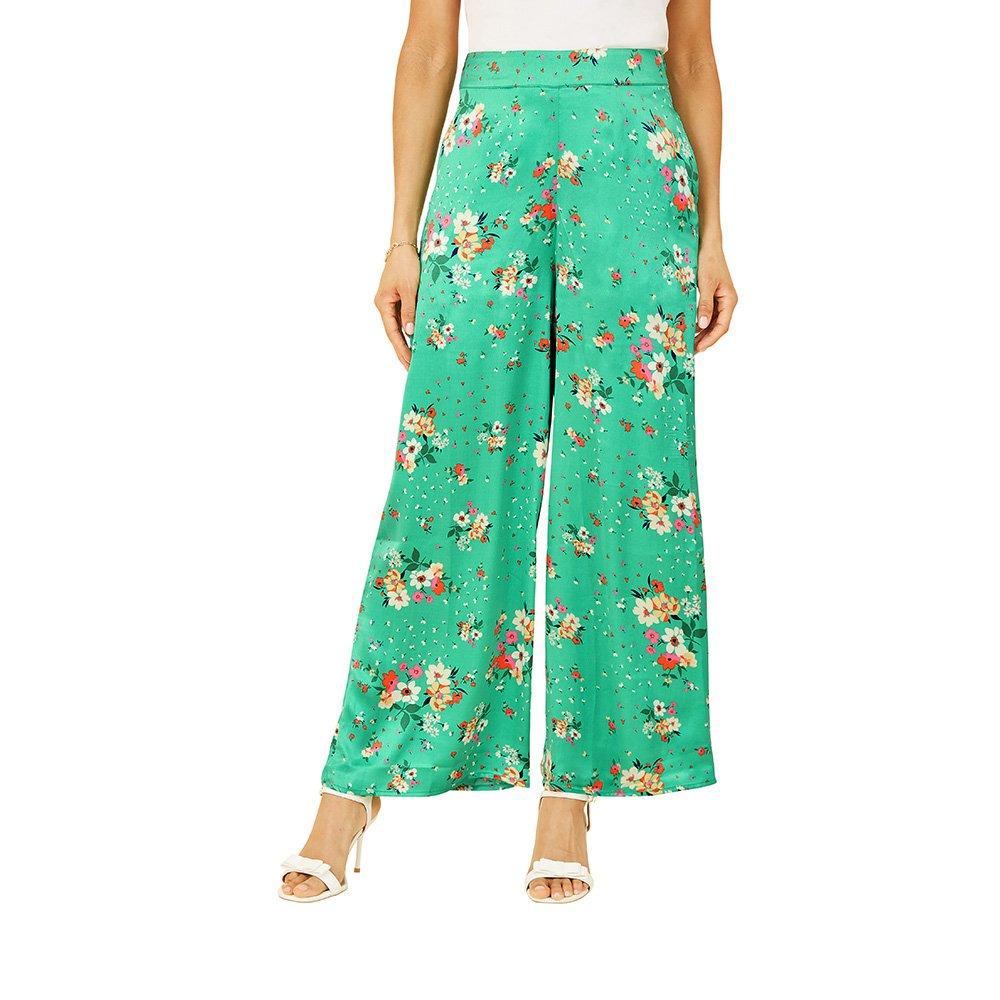 Green - Yumi - Women's Green Floral Satin Wide Leg Trousers - 3