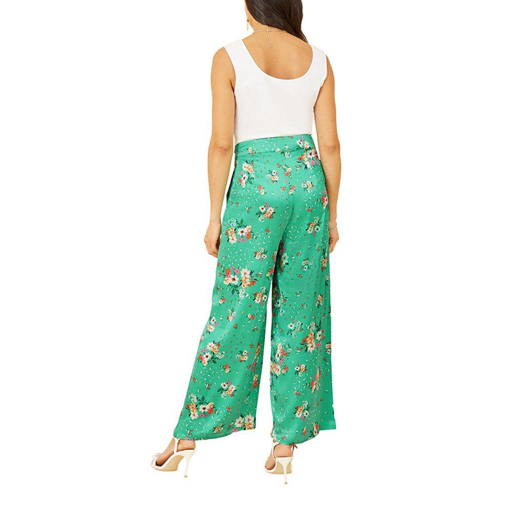 Green - Yumi - Women's Green Floral Satin Wide Leg Trousers - 4