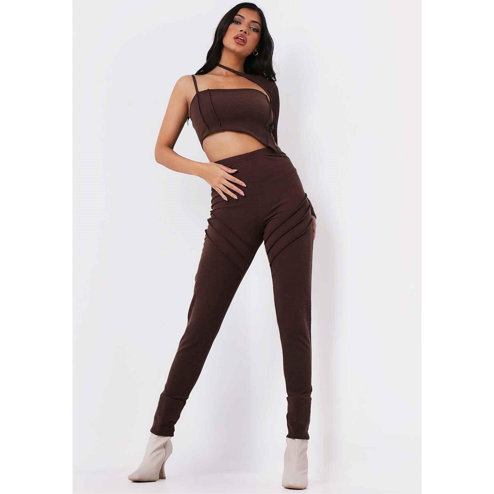 Missy Empire Women's Ribbed Panel Leggings - Chocolate - 6 (2XS)