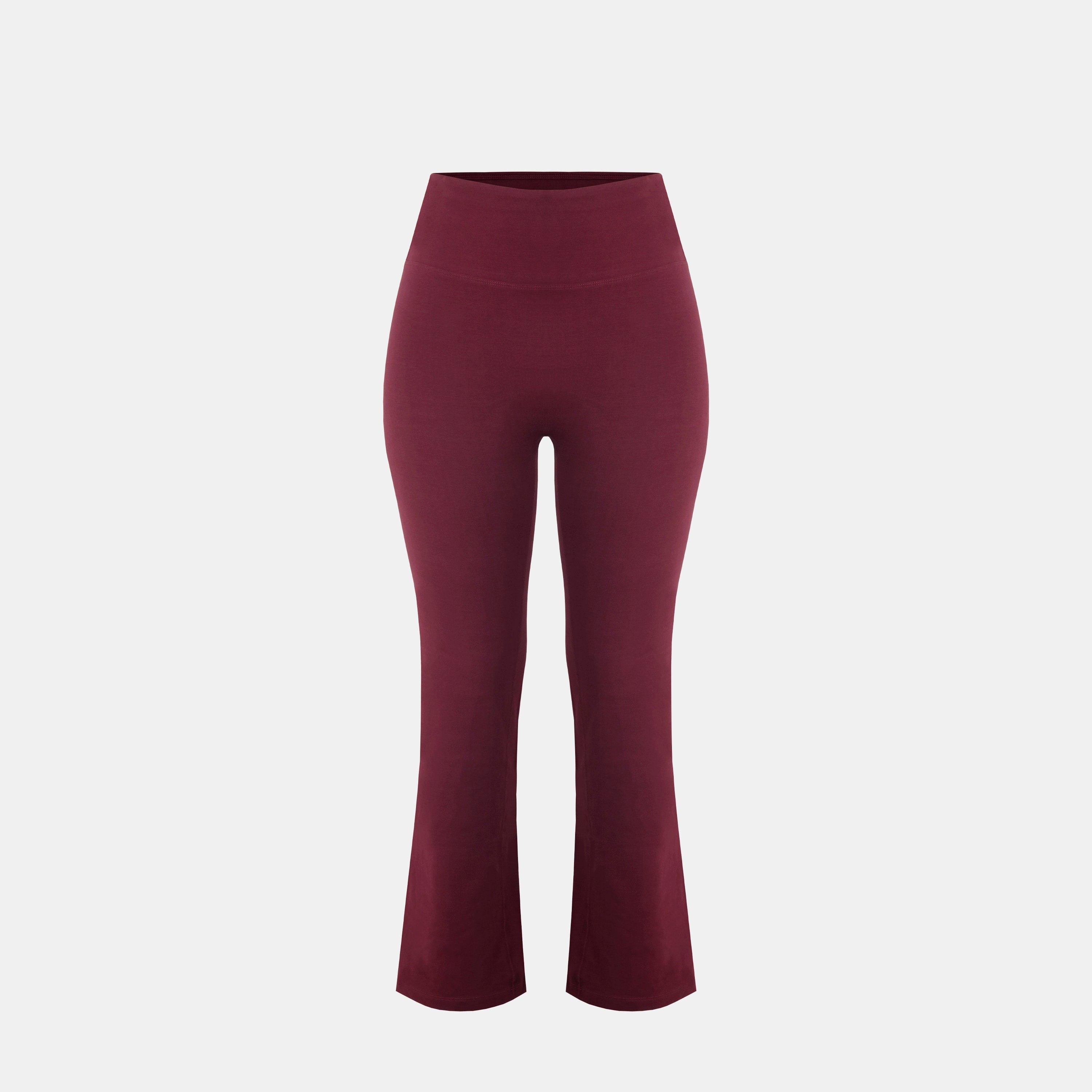 Burgundy - Miso - Women's Kick Flare High Waisted Full Length Cotton Leggings - 1