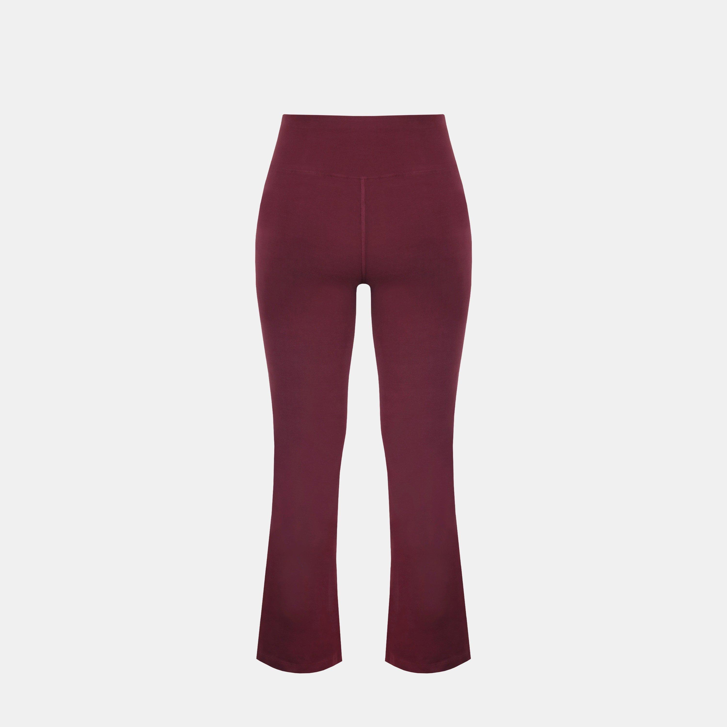 Burgundy - Miso - Women's Kick Flare High Waisted Full Length Cotton Leggings - 2