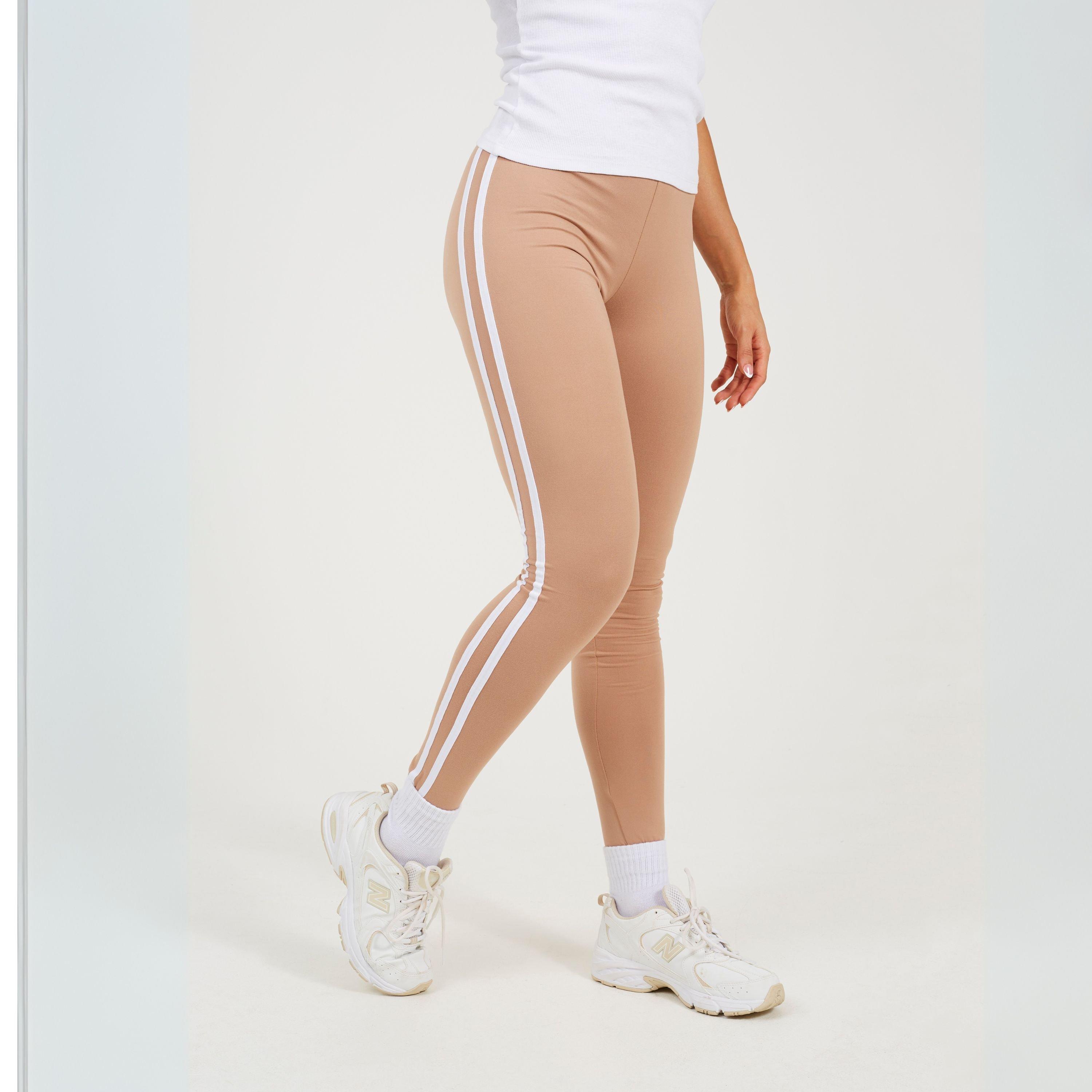 Taupe/Wht Strpe - Brave Soul - Womens Taupe Leggings with Side Stripe Detail - 1