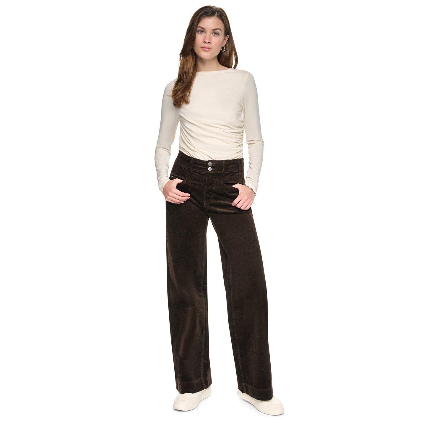 Espresso - DKNY - DKNY Hi Rise Double Button Wide Leg Corduroy - 1