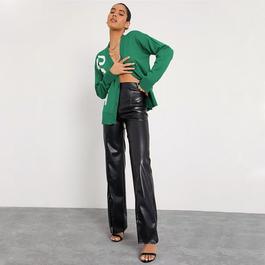 I Saw It First ISAWITFIRST Faux Leather Split Front Wide Leg Trousers