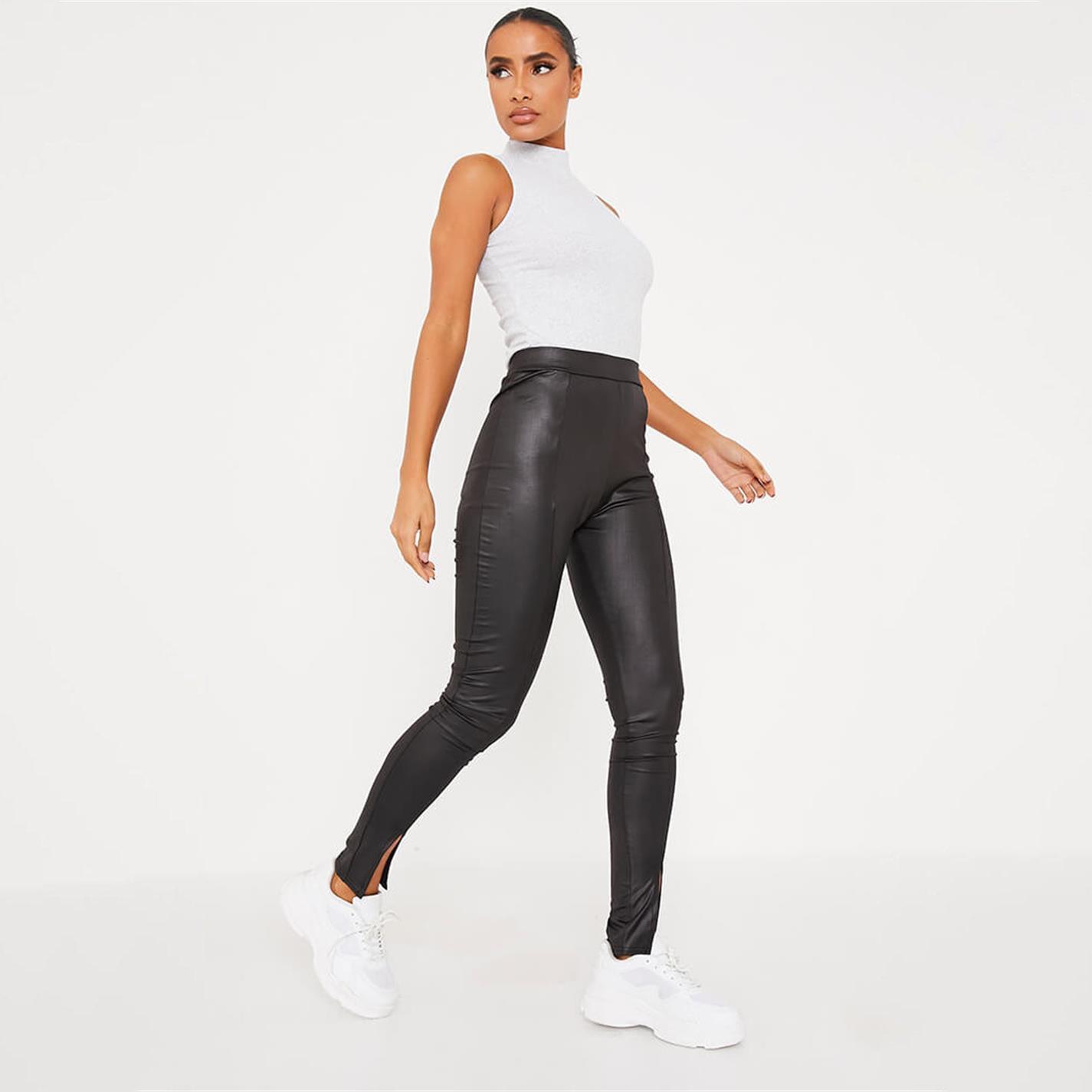 Black - I Saw It First - ISAWITFIRST Wet Look Front Split Pin Tuck Leggings - 3