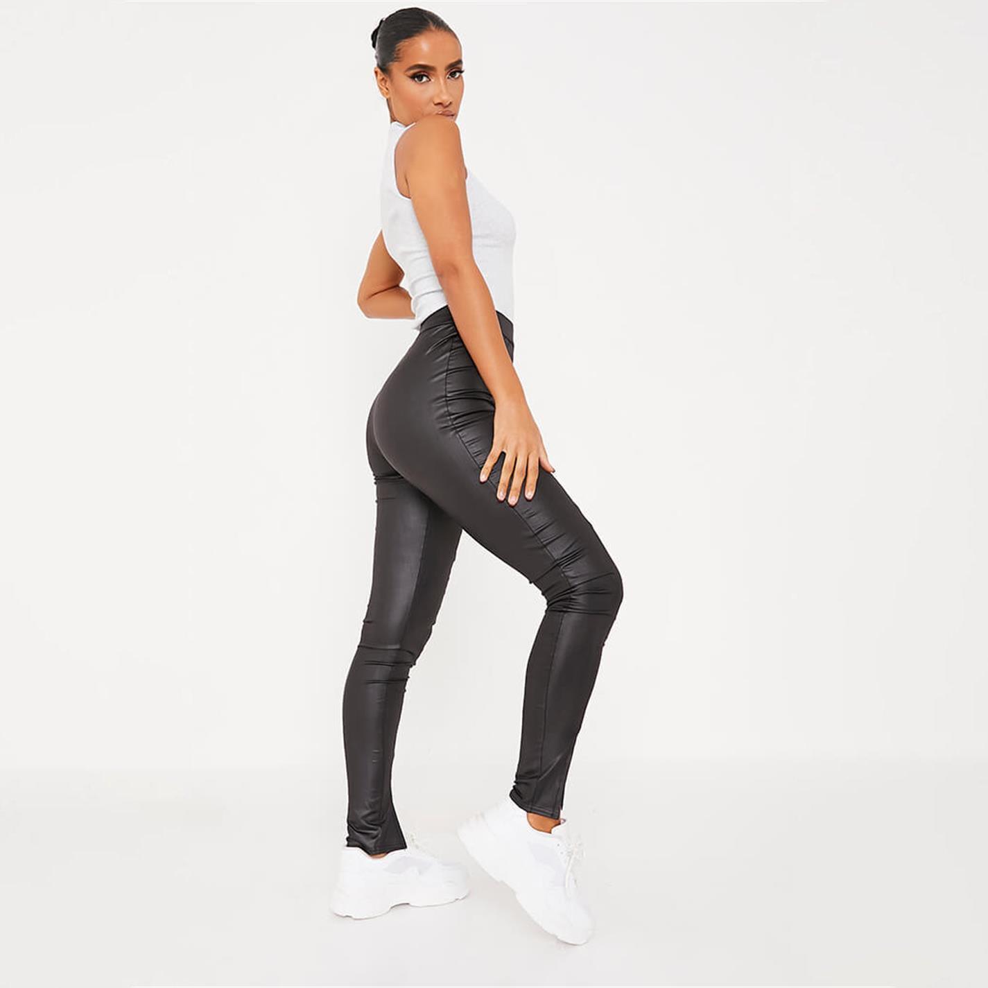 Black - I Saw It First - ISAWITFIRST Wet Look Front Split Pin Tuck Leggings - 4