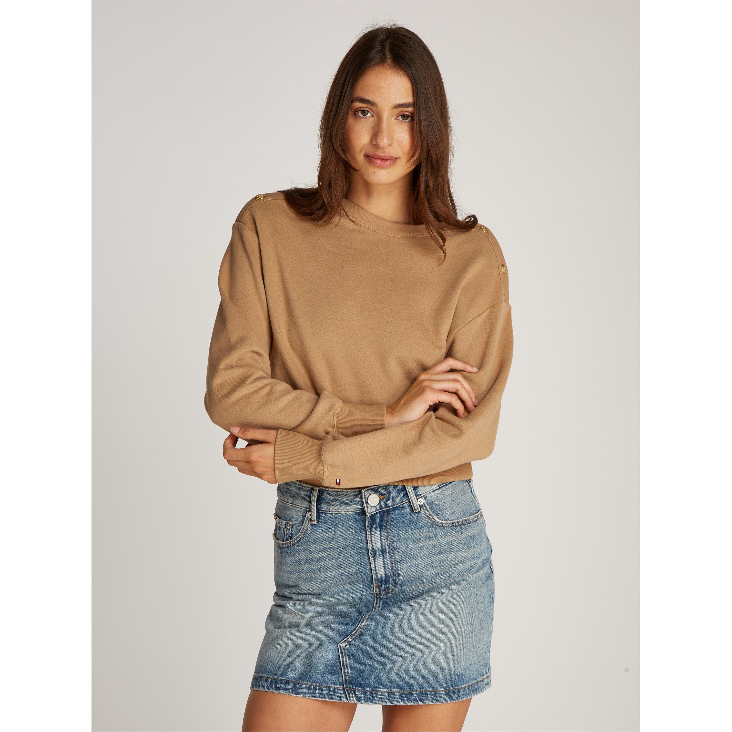 Tommy Hilfiger Women's Gold Button Boat Neck Sweatshirt - Safari Canvas - 8 (XS)