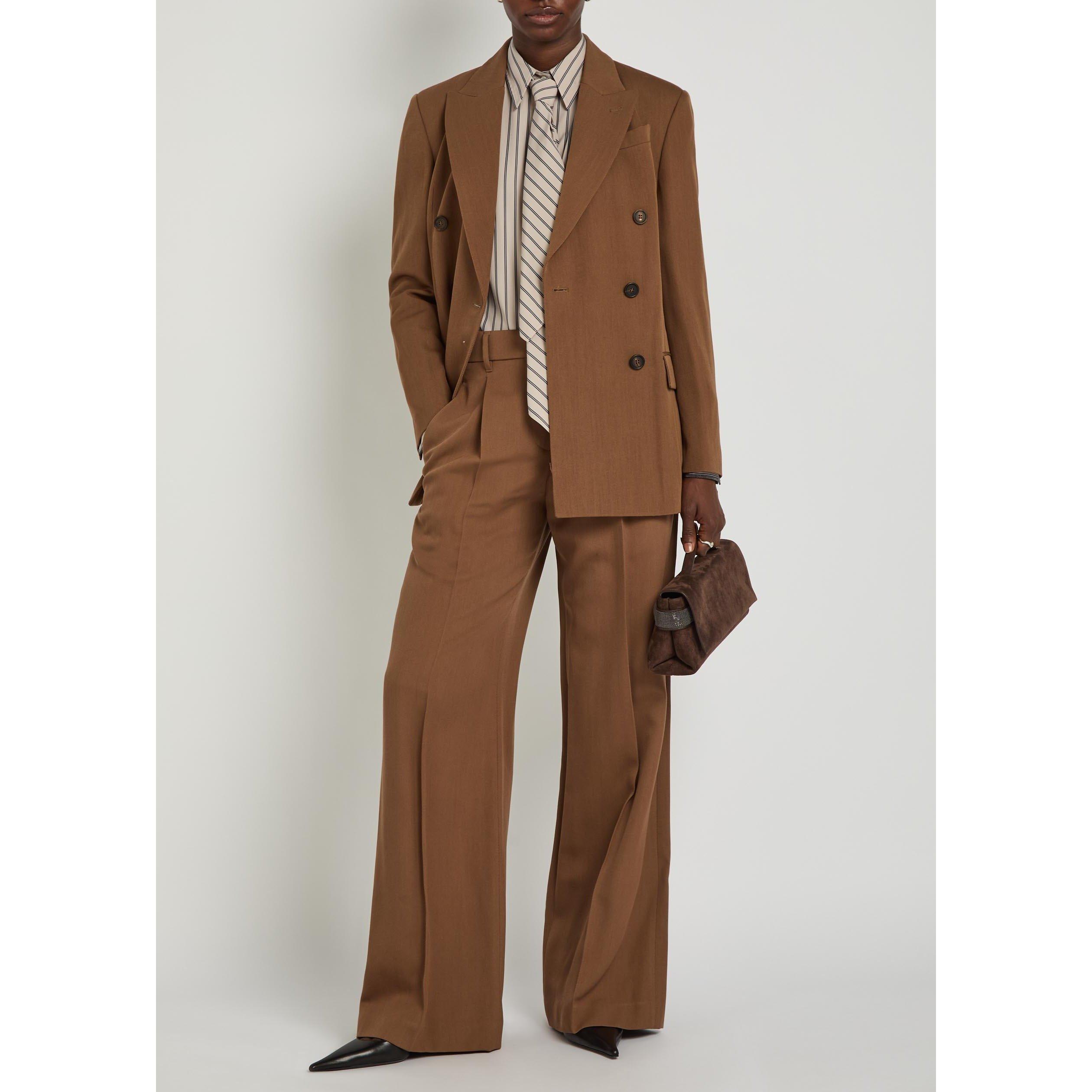 BROWN - Brunello Cucinelli - Women's Wool High-Waisted Wide-Leg Trousers - 5