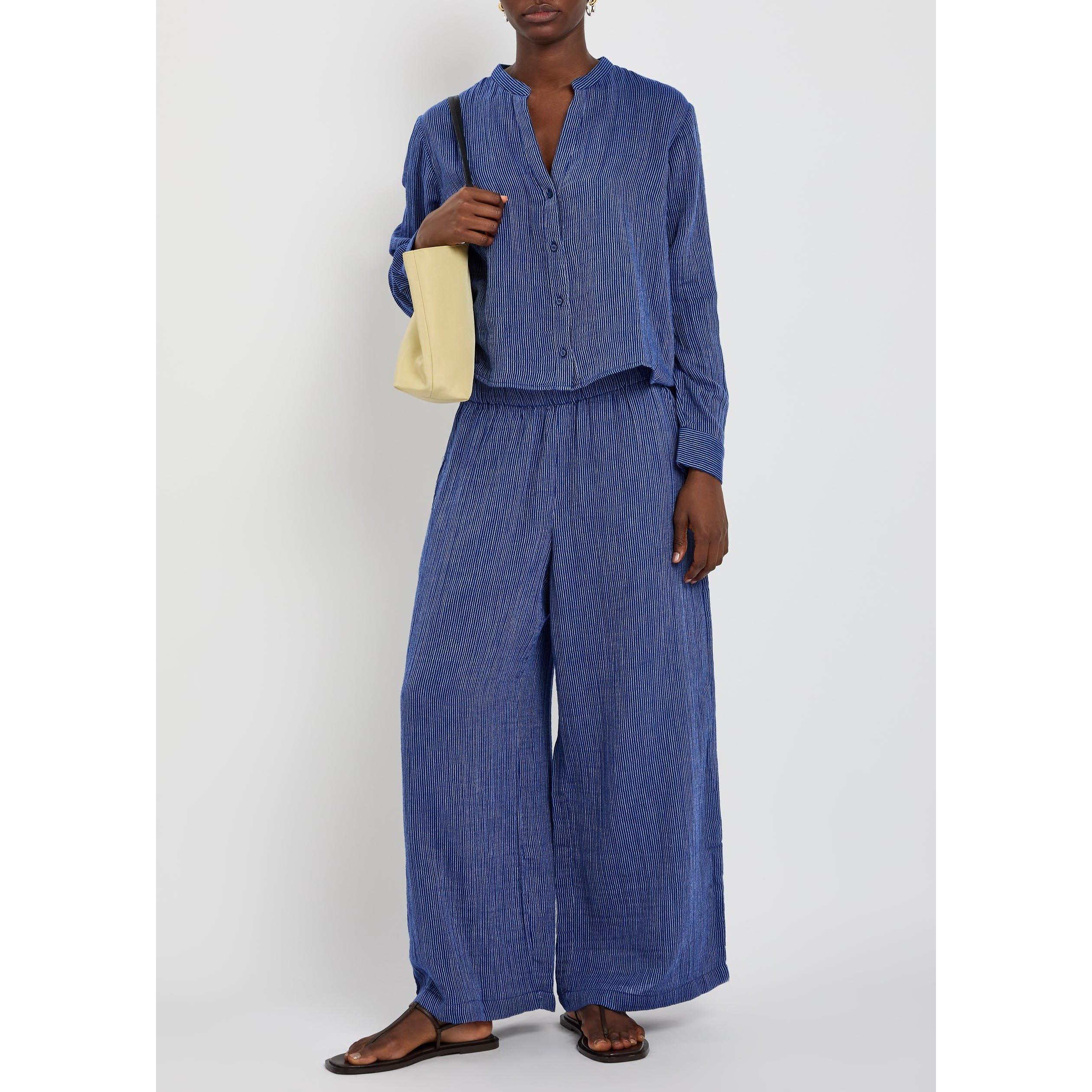 NAVY - Eileen Fisher - Women's Striped Cotton Wide-Leg Trousers - 5