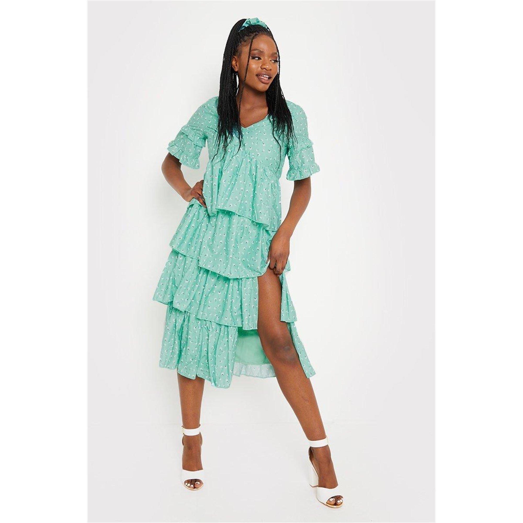 Sage Green - In The Style - Floral Split Frill Midi Dress - 1