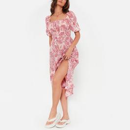 I Saw It First ISAWITFIRST Printed Ruched Puff Sleeve Midi Dress