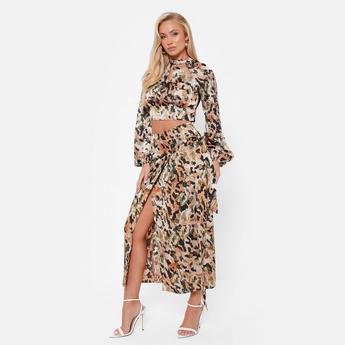 I Saw It First ISAWITFIRST Printed Satin Wrap Midi Skirt Co-Ord