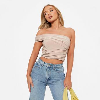 I Saw It First ISAWITFIRST One Shoulder Drape Double Layered Crop Top