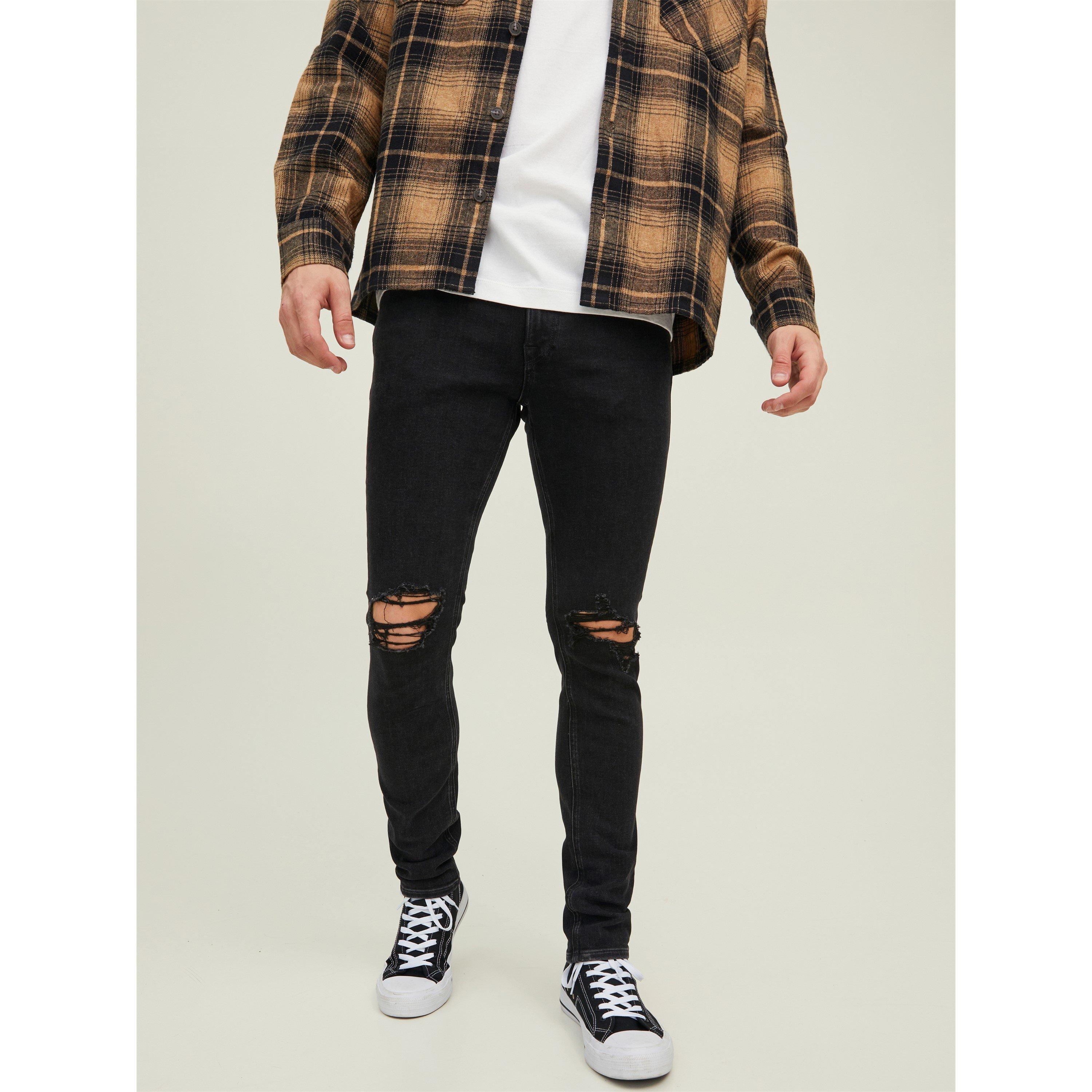 Black Denim - Jack and Jones - Men's Liam Slim Fit Ripped Straight Leg Jeans - 1