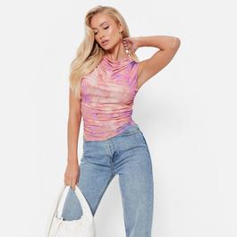JW Twist Cropped Tank ISAWITFIRST Tie Dye Cowl Neck Ruched Sleeveless Top