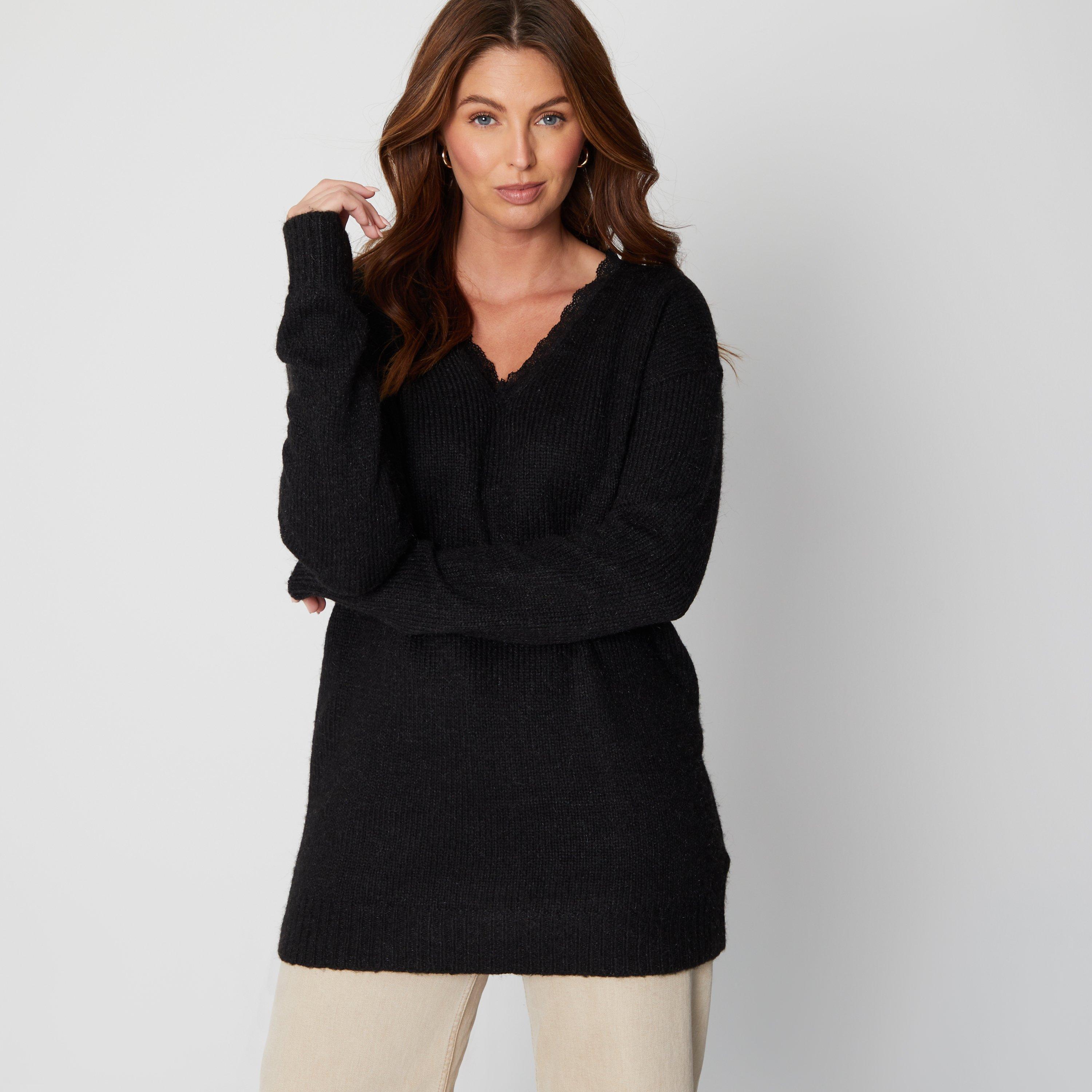 Black - Be You - Women's Lace Trim Brushed Crew Neck Jumper - 1