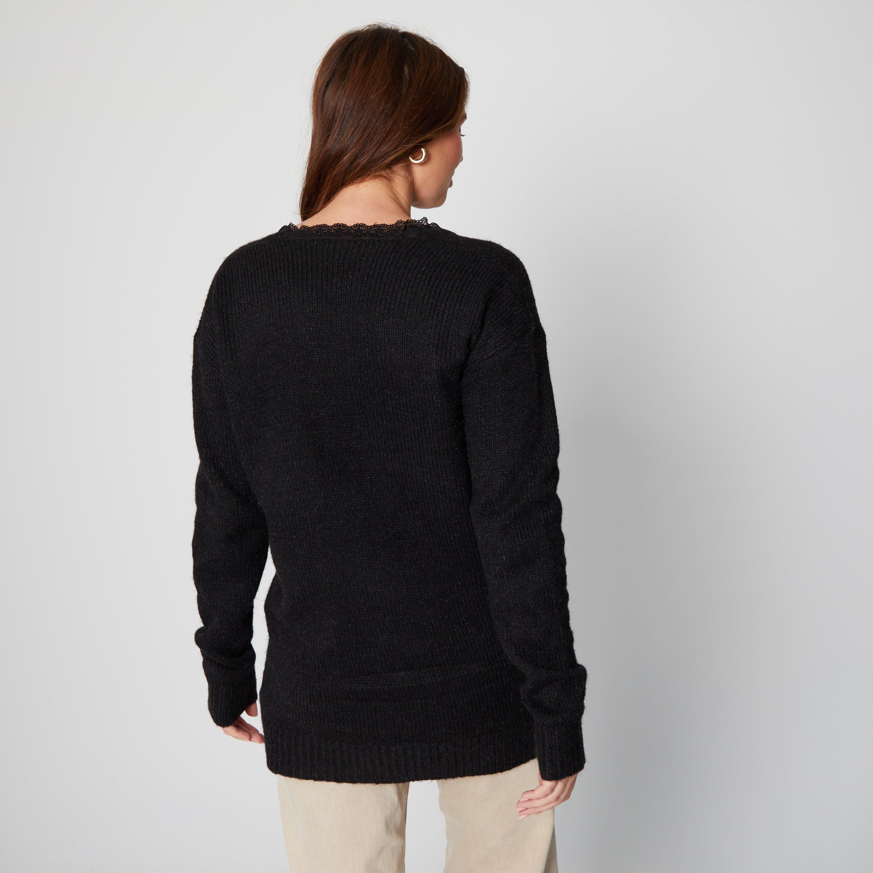 Black - Be You - Lace Trim Brushed Crew Neck Jumper - 2
