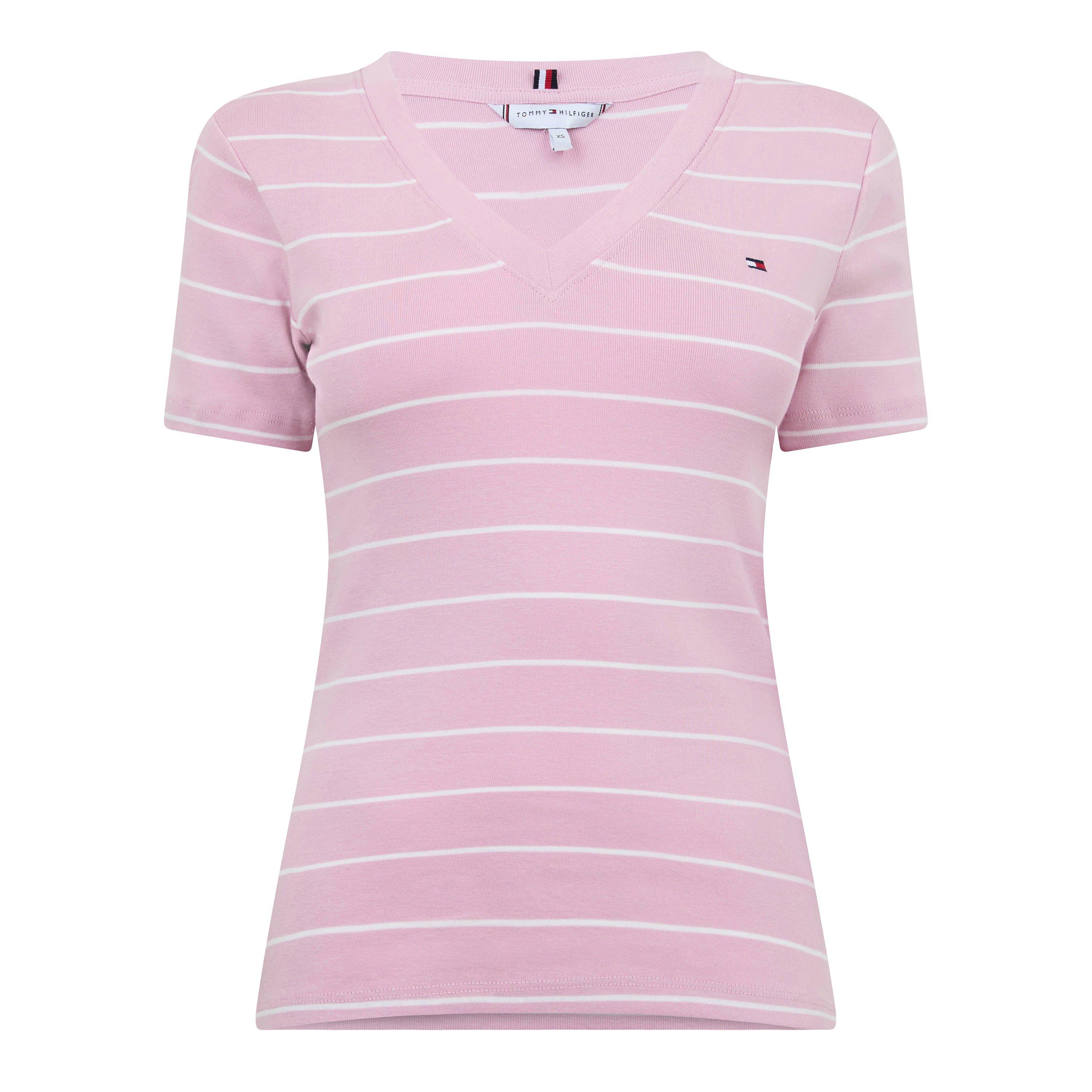 Tommy Hilfiger Women's V-Neck Striped T-Shirt - Pink/Ecru - 8 (XS)