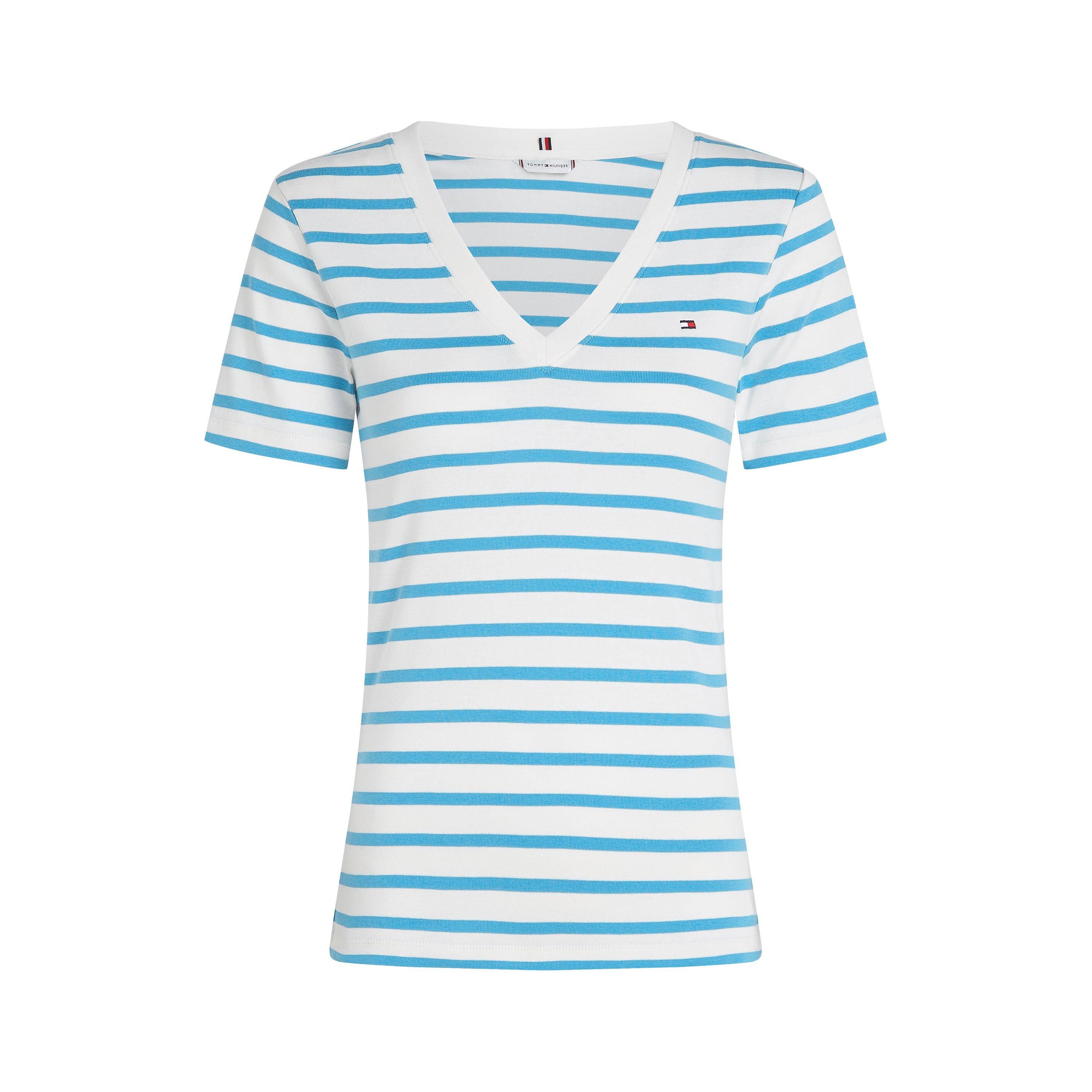 Tommy Hilfiger Women's Ecru/ Blue V-Neck Striped T-Shirt - 8 (XS)