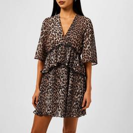 Ganni Leopard Pleated Flounce Mini Dress