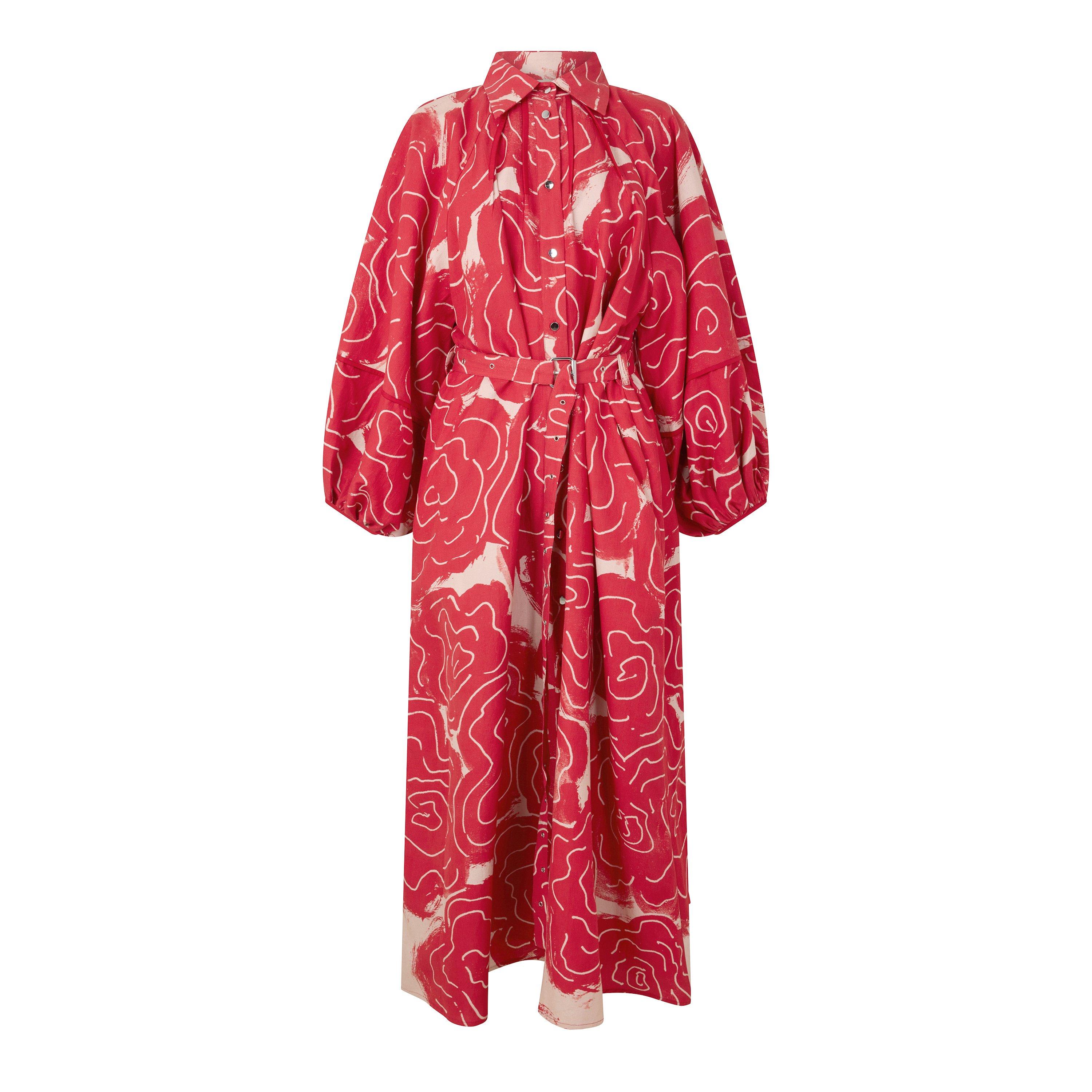 RED AND WHITE - Lovebirds - Women's Zahara Silk Long-Sleeve Shirt Dress - 1