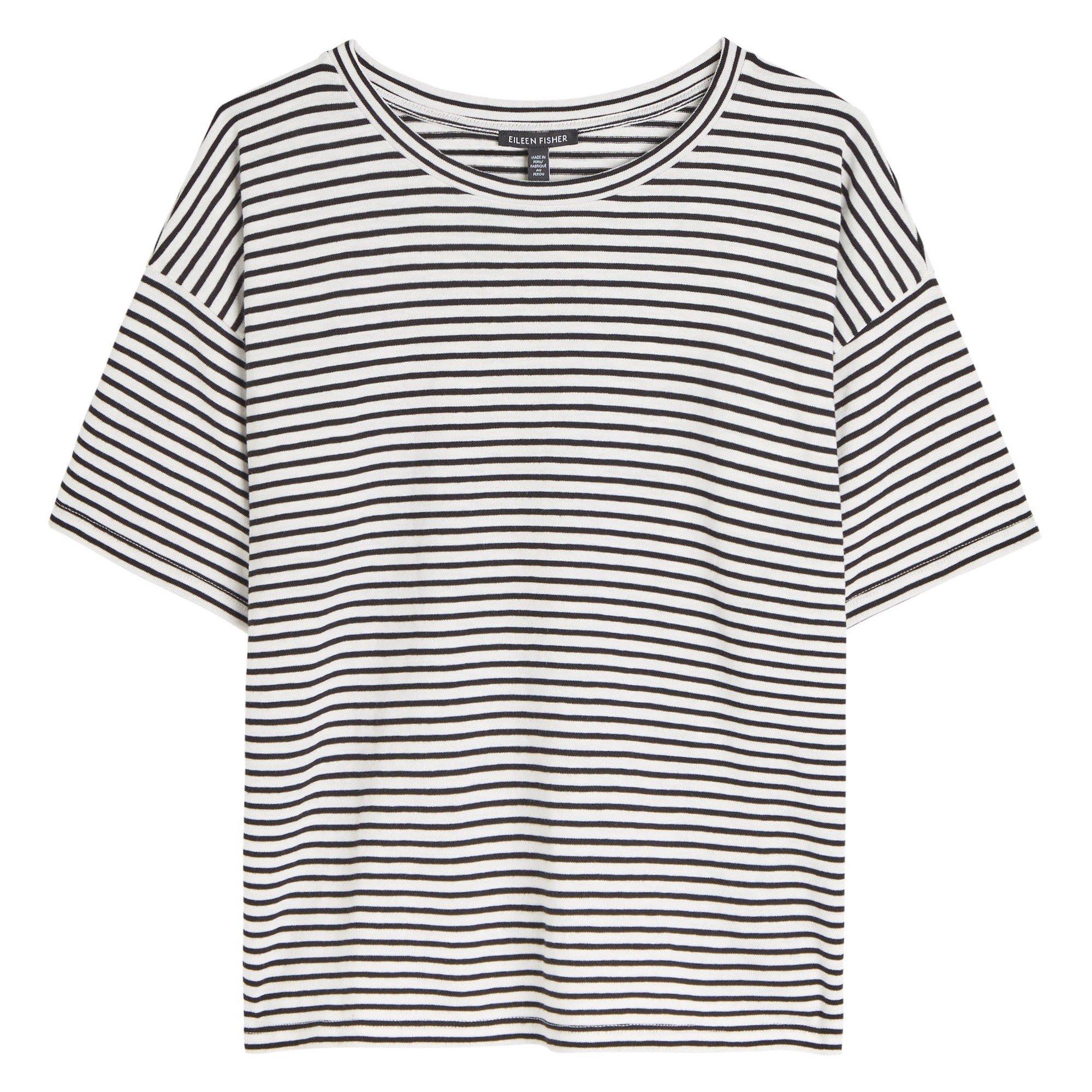 BLACK AND WHITE - Eileen Fisher - Women's Striped Cotton Crew-Neck Short-Sleeve T-Shirt