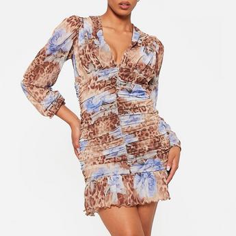 I Saw It First ISAWITFIRST Floral Leopard Mesh Ruched Mini Dress
