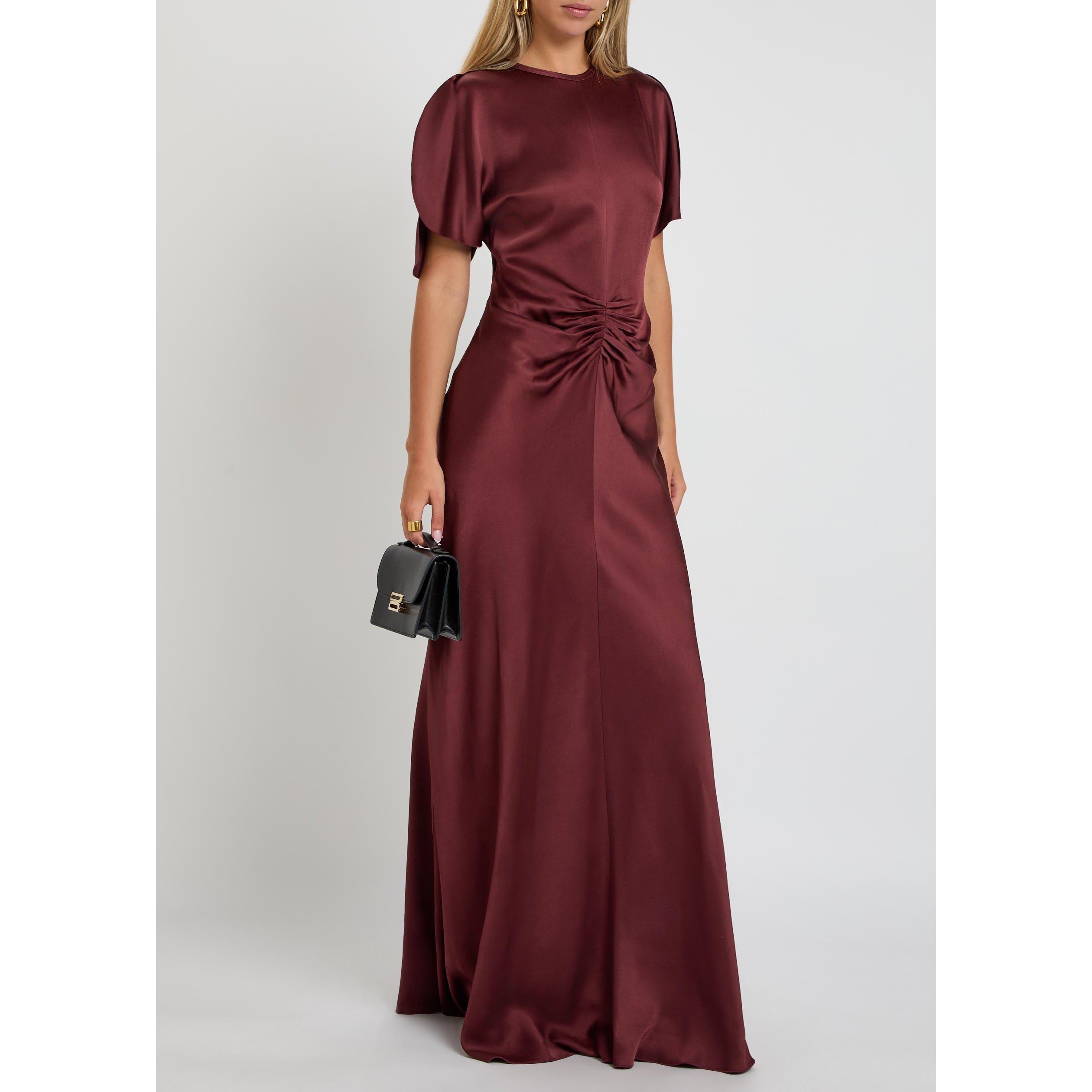 DARK RED - Victoria Beckham - Women's Satin Gathered Waist Maxi Dress - 5