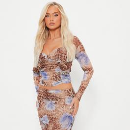 I Saw It First ISAWITFIRST Printed Ruched Mesh Crop Top Co-Ord