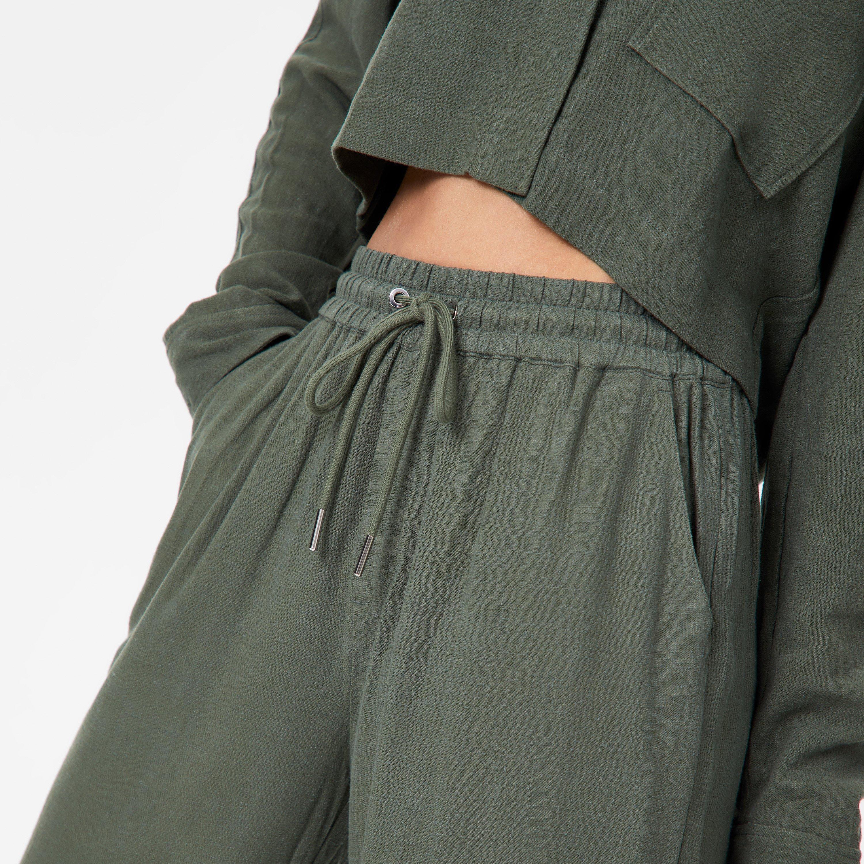 Khaki - Jack Wills - Linen Blend Wide Leg Trousers - 3
